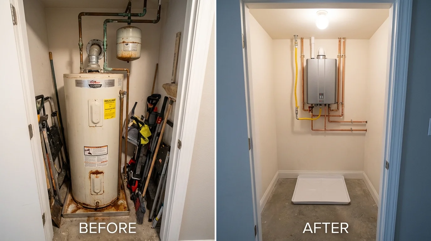 Tank water heater versus wall-mounted tankless unit comparison for Waterloo, IA homeowners